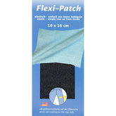 Verpakking van Kleiber Flexi-Patch Jeans Reparatiedoek, zwart, 10x16 cm, met instructies voor strijken aan de binnenkant. FLEXI-PATCH-JEANS-BLACK-REVERSE | FLEXI-PATCH-JEANS-BLACK-REVERSE